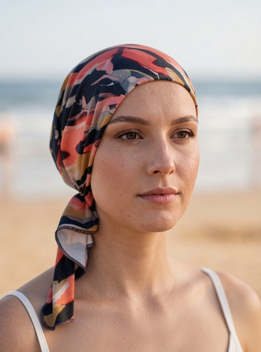 Soft lightweight jersey elasticated chemo bandana/ pre tied chemo scarf - Pippa Navy coral ochre art