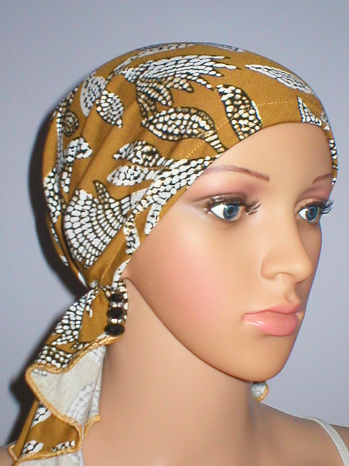 Soft lightweight jersey chemo bandana - pre tied chemo scarf - Pippa Ochre dotty leaves