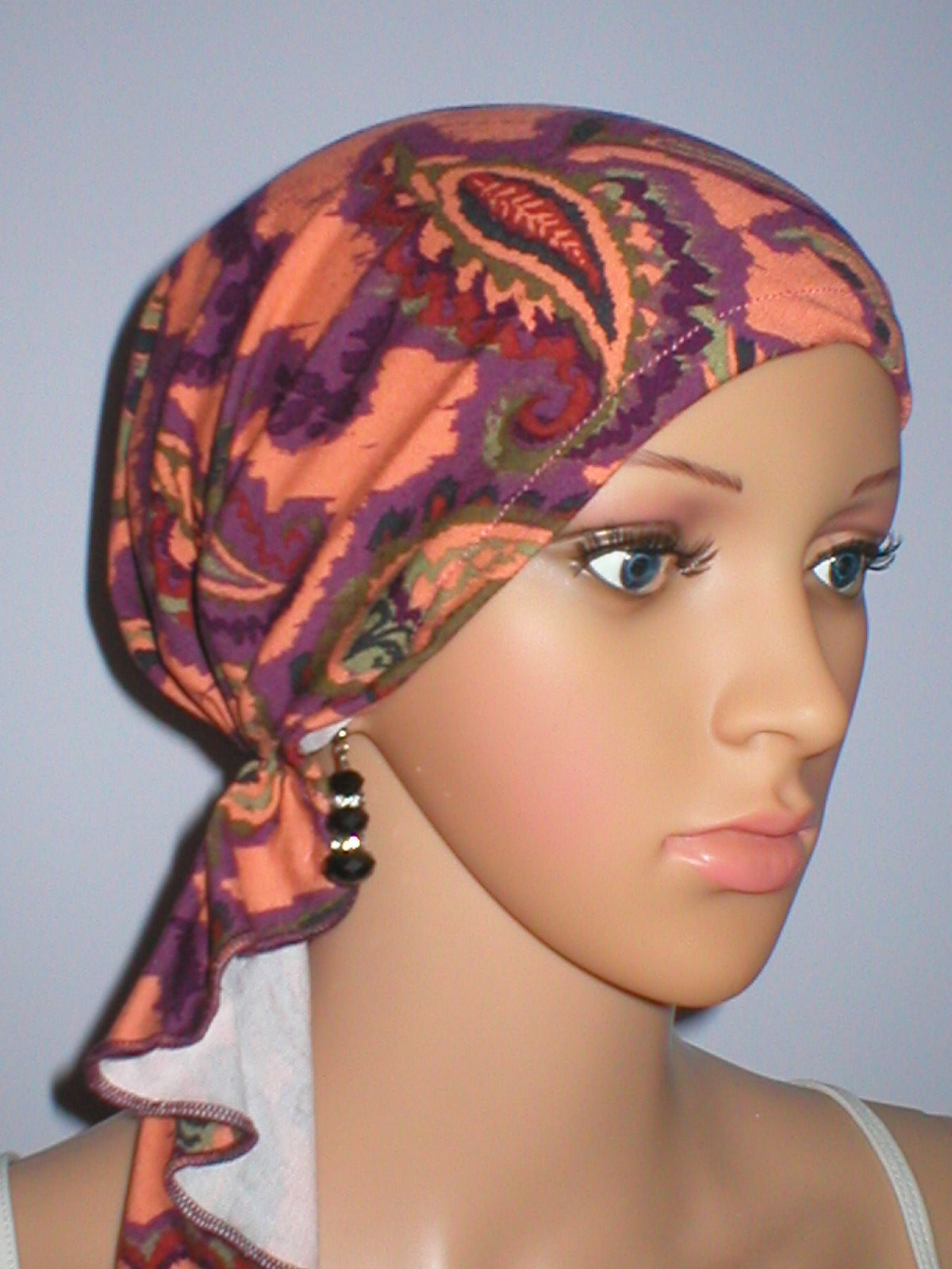 Soft jersey elasticated chemo bandana - pre tied chemo scarf - Pippa peach plum paisley