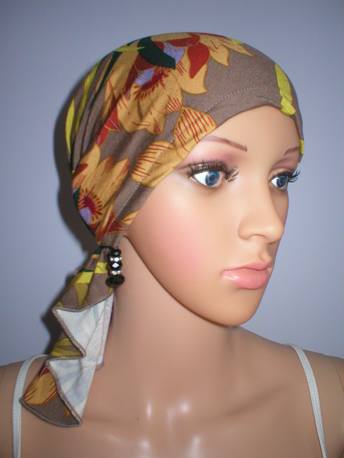 Supersoft lightweight jersey bandand - pre tied chemo scarf - Pippa Cappuccino sunflowers