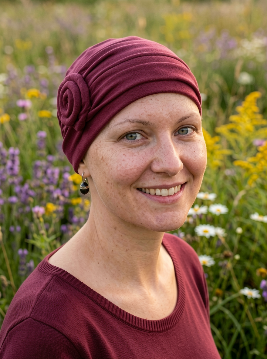 Soft chemo hat and removable headband with rose detail - Rosie wine