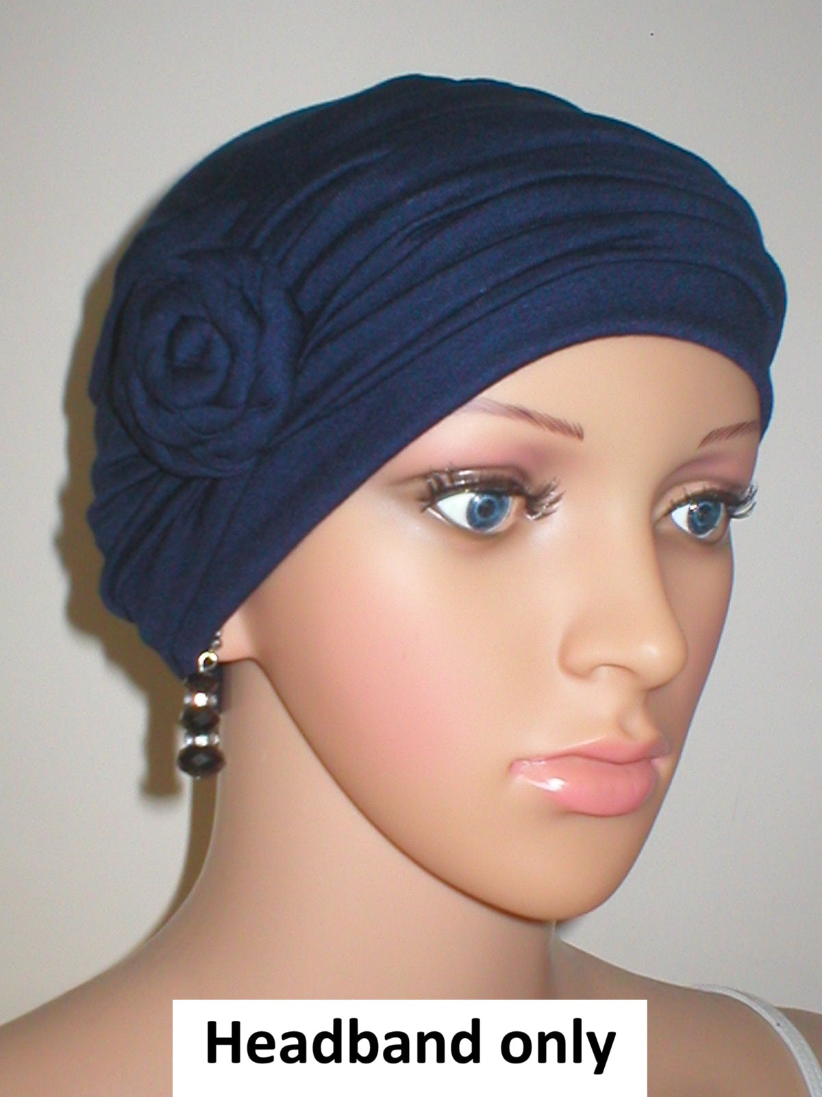 Soft jersey headband with rose - chemo hat accessory - Rosa navy