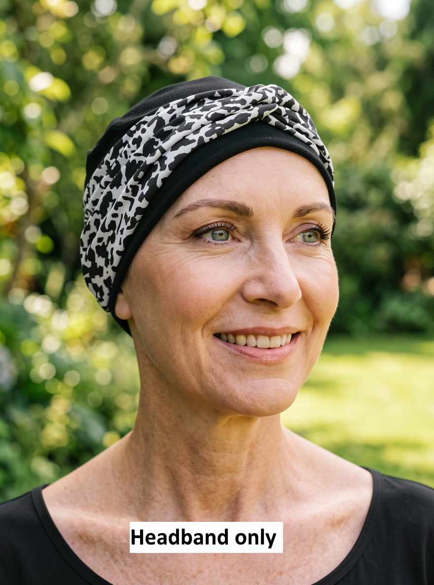 Soft twist jersey patterned stretchy chemo headbands - Sara black white cheetah