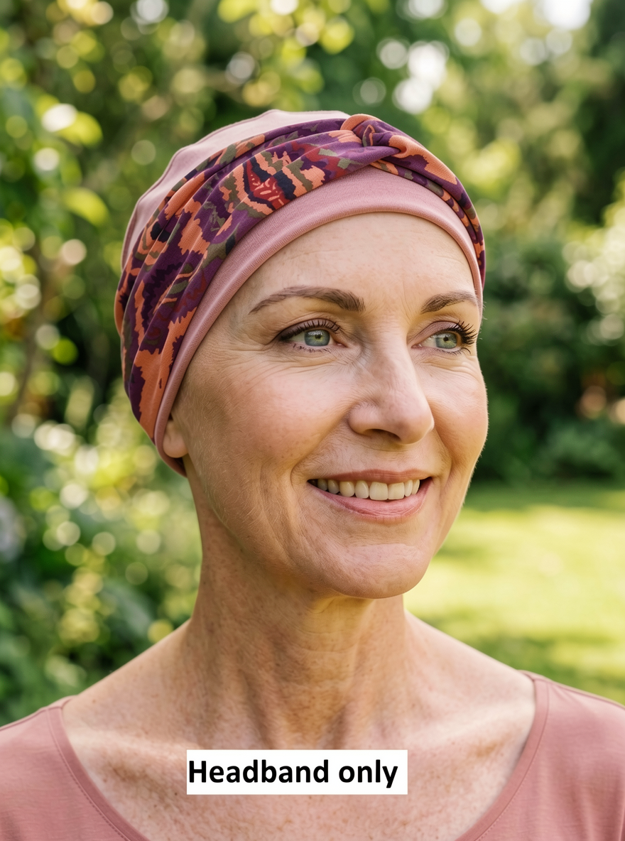 Soft jersey patterned stretchy chemo twist headbands - Sara plum peach paisley