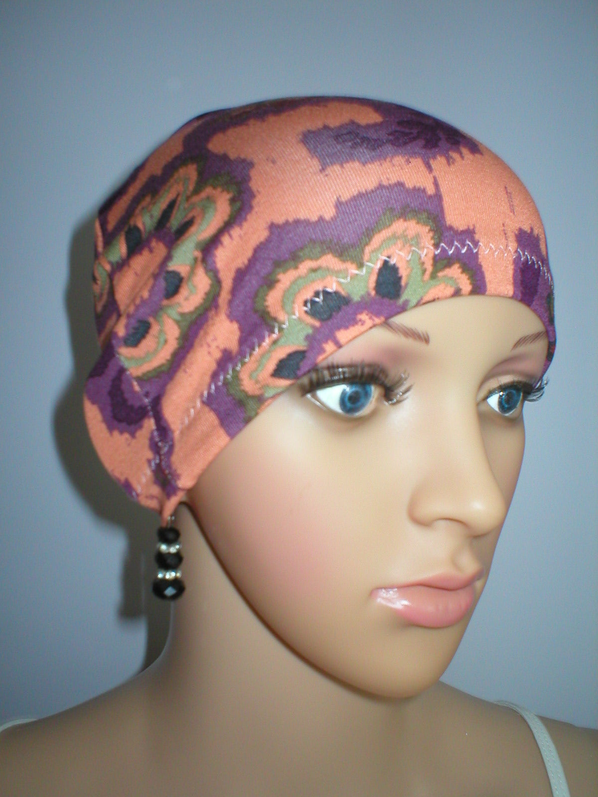 Soft lightweight comfortable chemo sleep hat/sleep cap - peach plum paisley