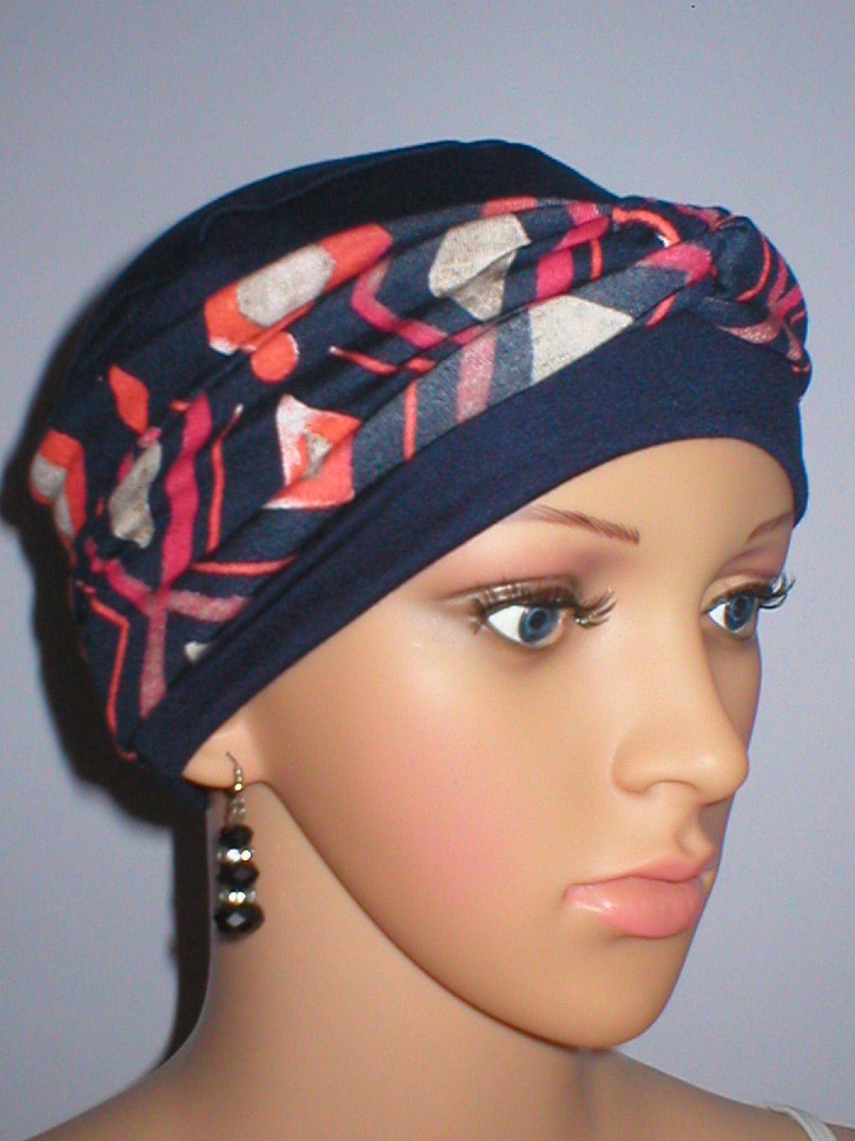 Soft breathable comfortable chemo hat and removable twist headband - Tina navy diamond