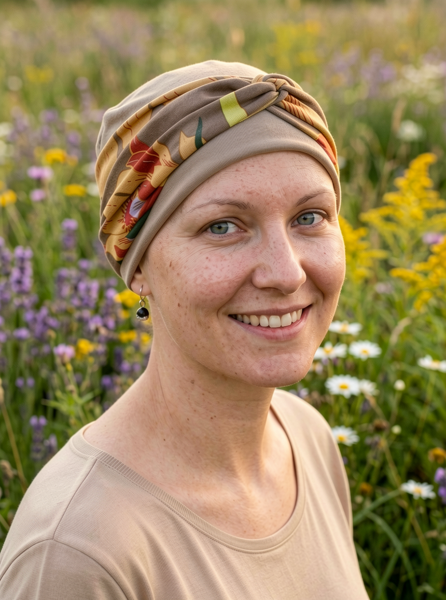 Soft jersey chemo hat and removable headband - Tina cappuccino sunflowers