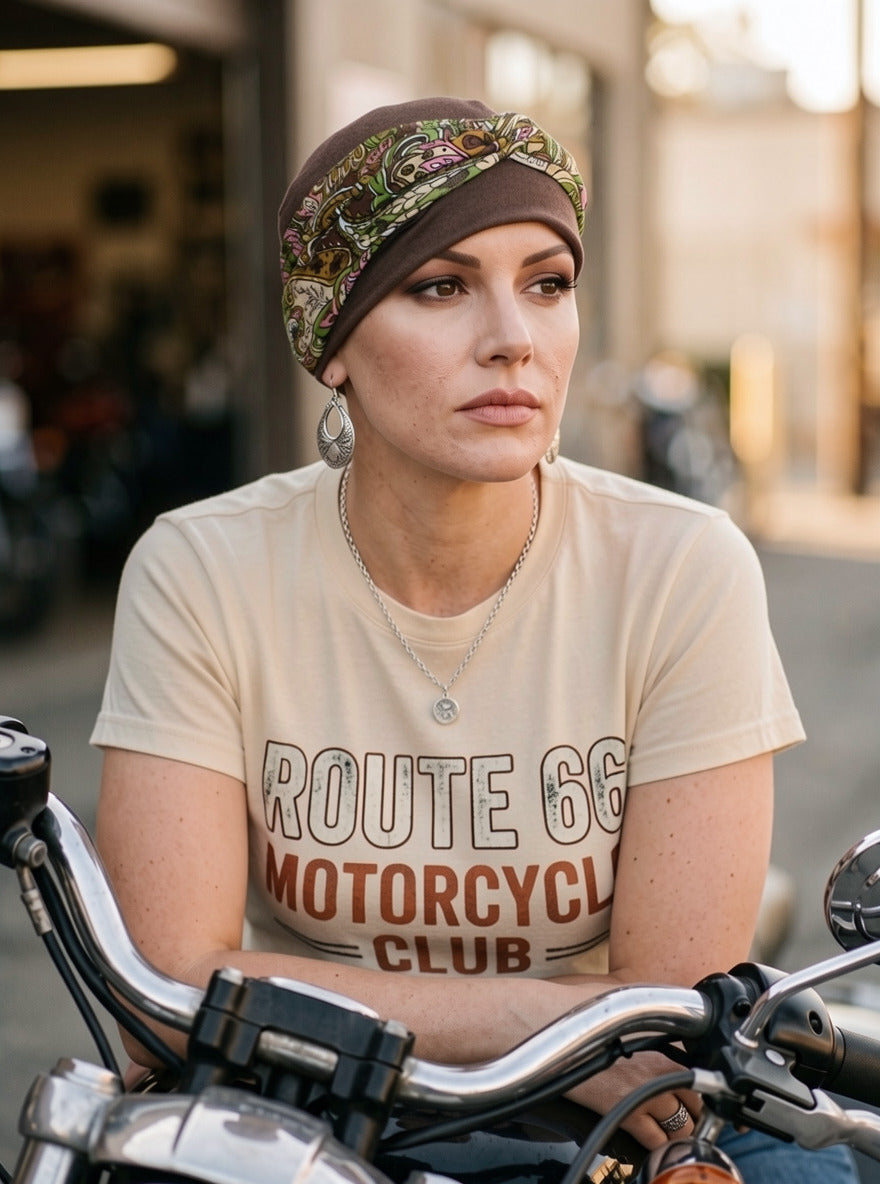 Soft comfortable chemo hat and removable headband -Tina brown ochre green brown paisley