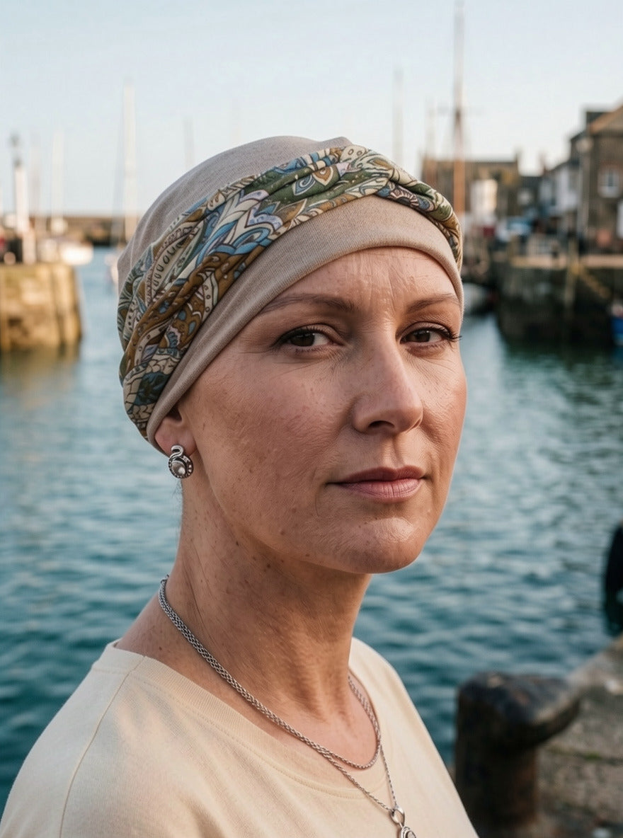 Soft comfy chemo hat and twist headband - Tina cappuccino cream green paisley