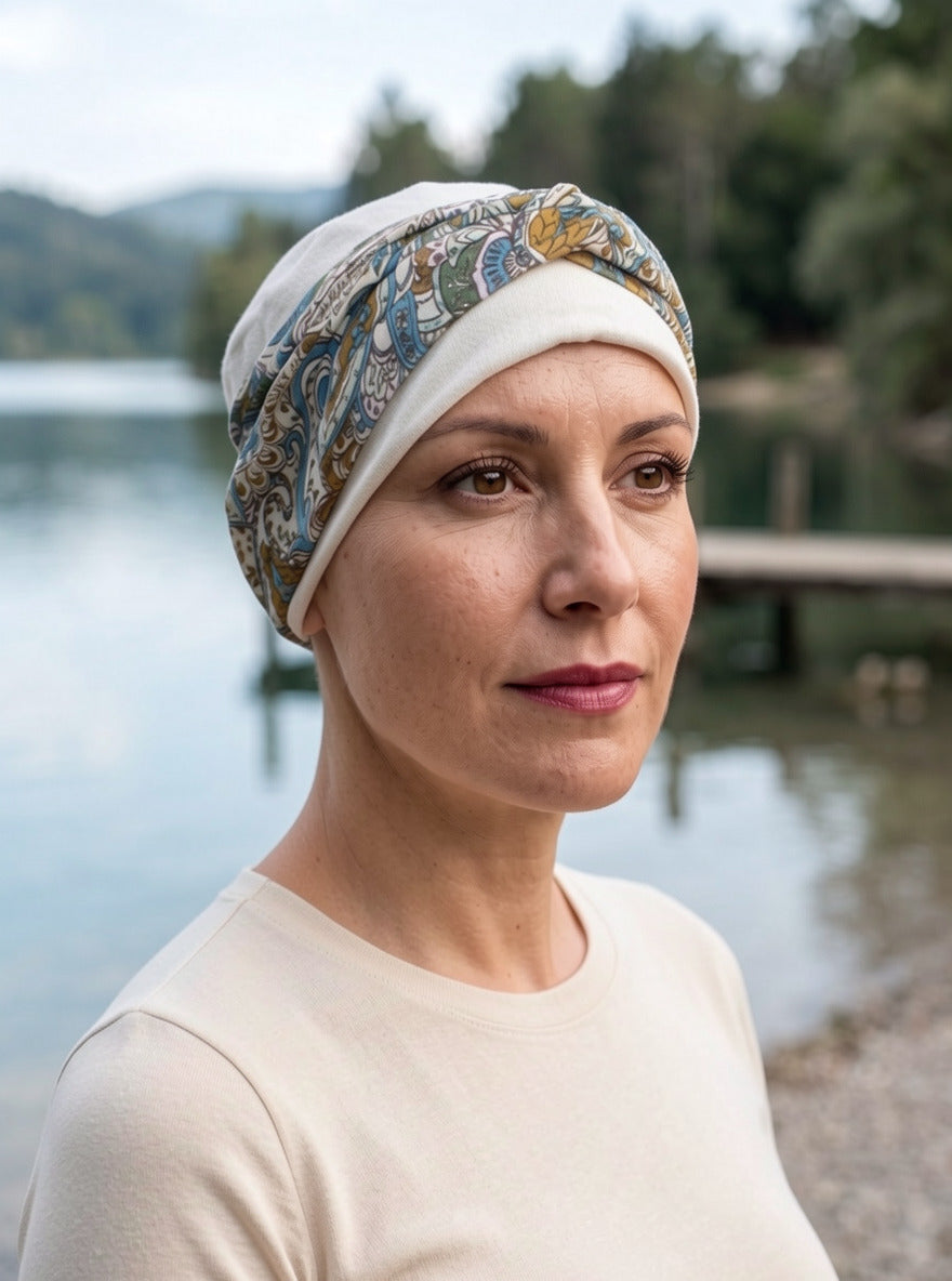 Soft chemo hat and removable headband with twist detail - Tina cream green paisley