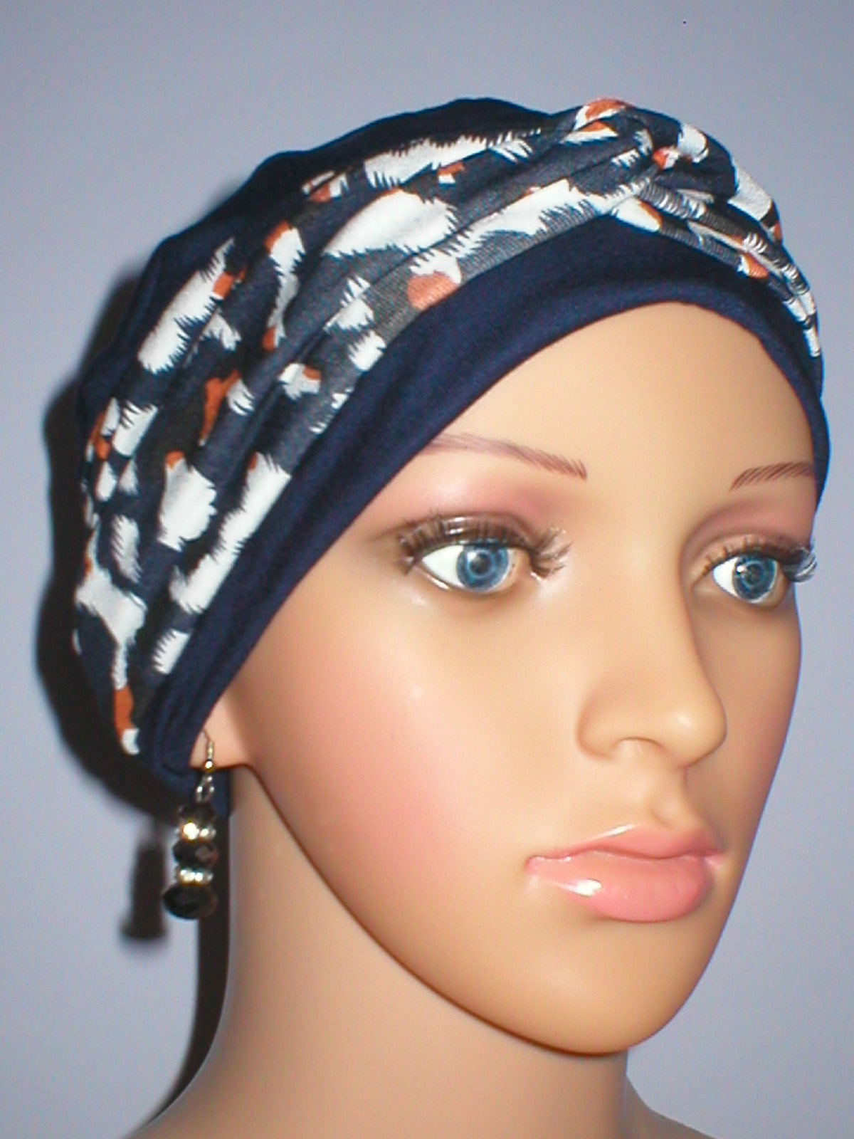 Soft jersey chemo hat and removable twist headband - Tina navy white cheetah