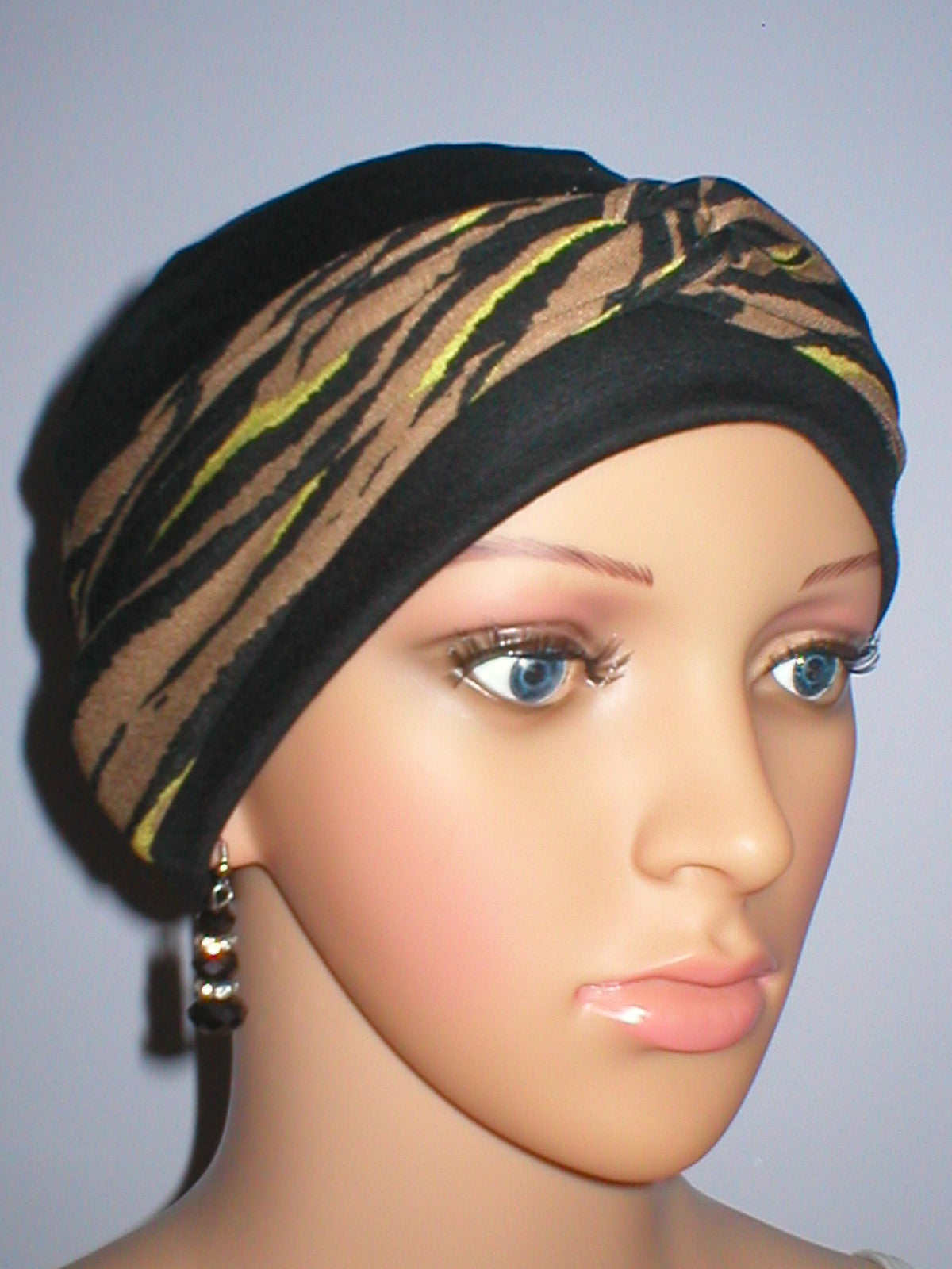 Soft jersey chemo hats and removable twist headband - Tina black camel gold tiger