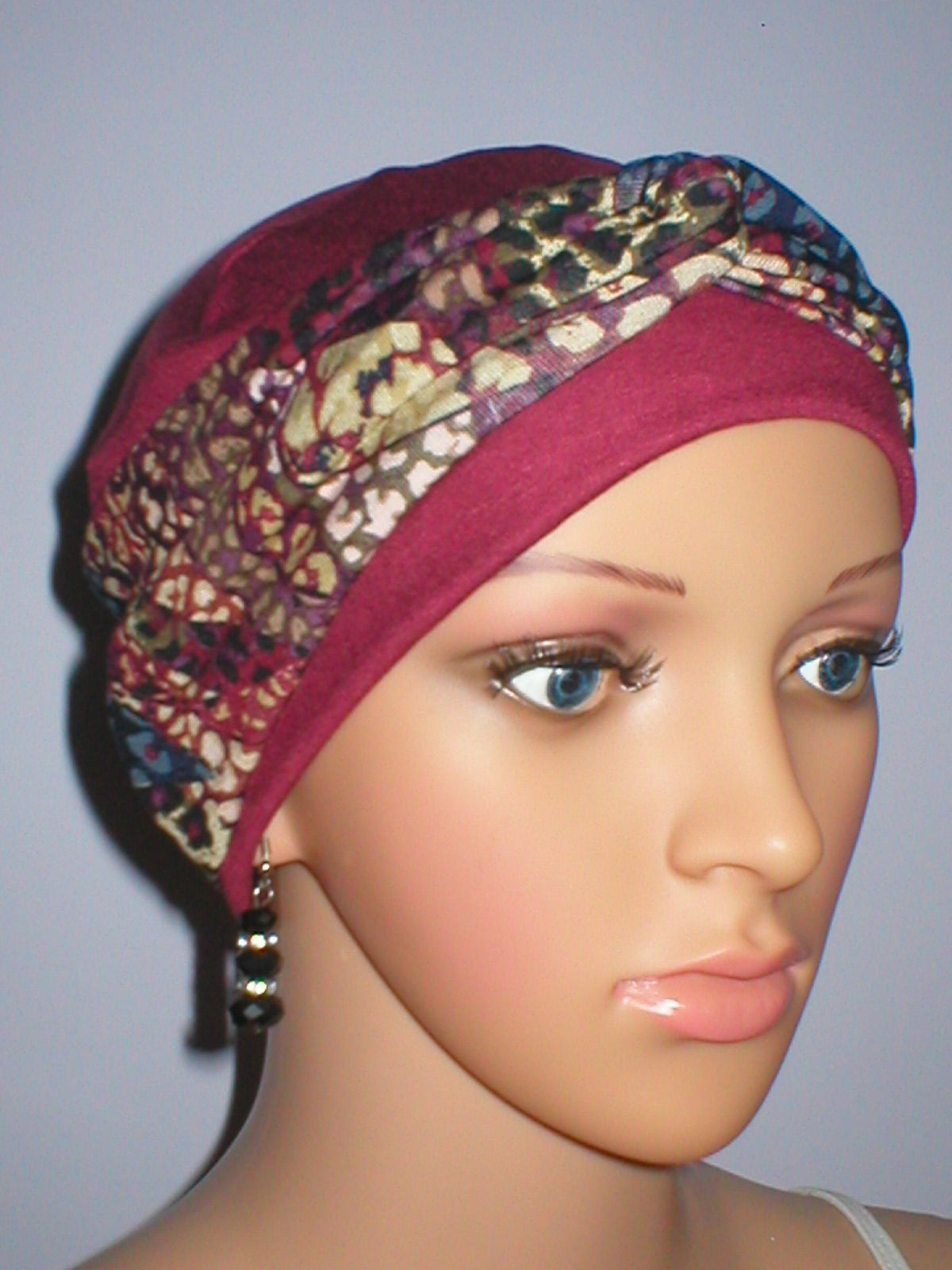 Soft breathable comfortable chemo hat and removable twist headband - Tina wine jungle