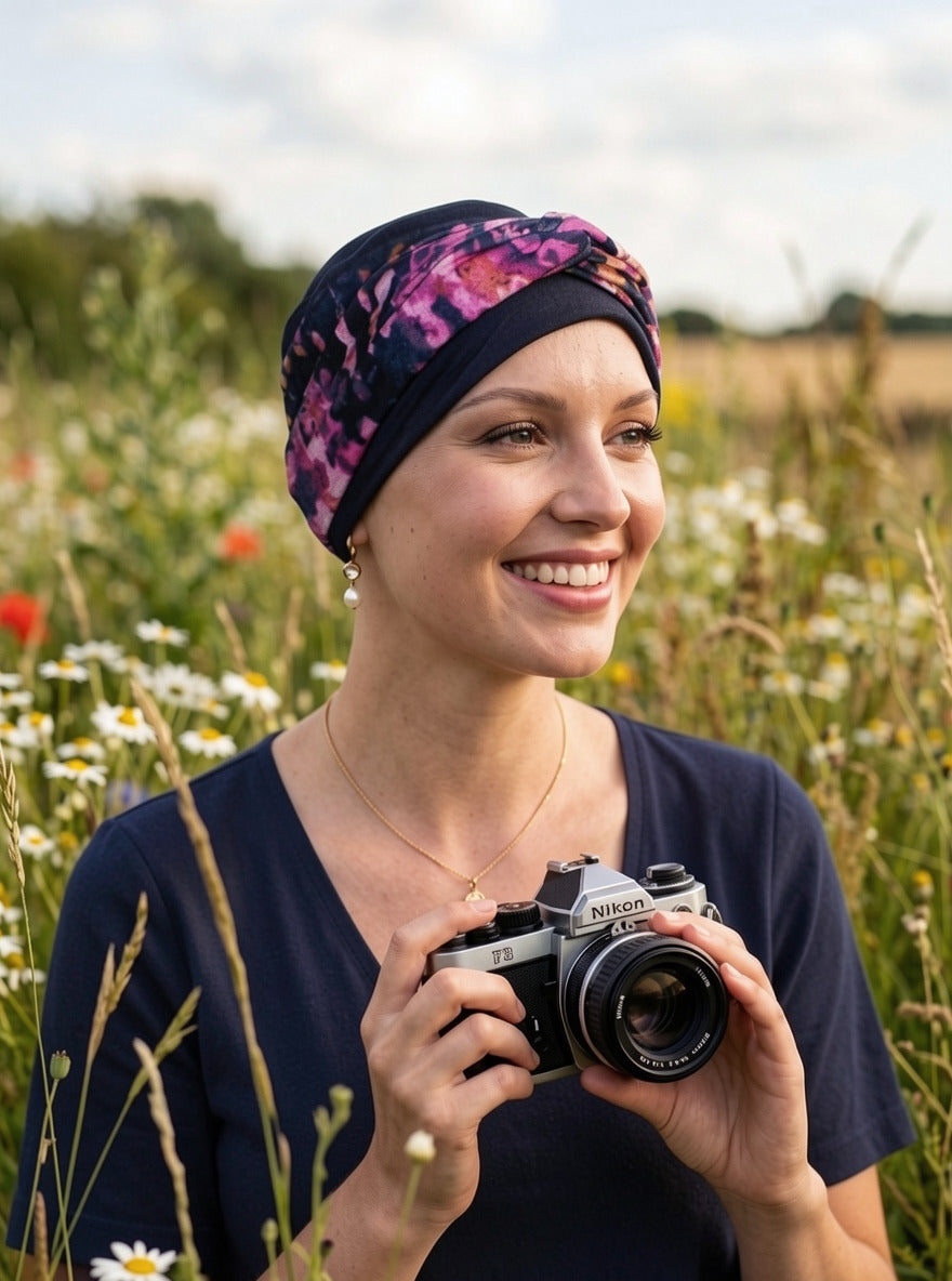 Comfy chemo hat and removable twist headband - Tina navy purple pebbles