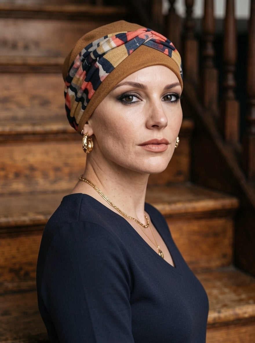 Soft comfy chemo hat and twist headband - Tina ochre navy ochre coral art