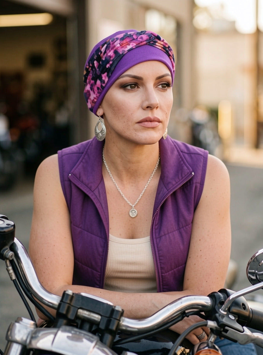 Comfy chemo hat and removable twist headband - Tina purple pebbles