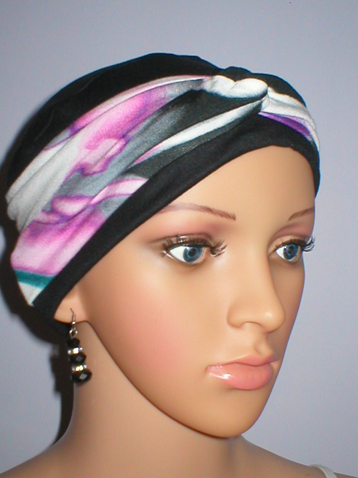 Comfy womens chemo hat with removable twist headband - Tina black pink grey haze