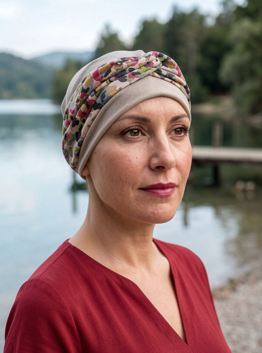 Soft comfy chemo hat and removable twist headband - Tina cappuccino beige bright animal