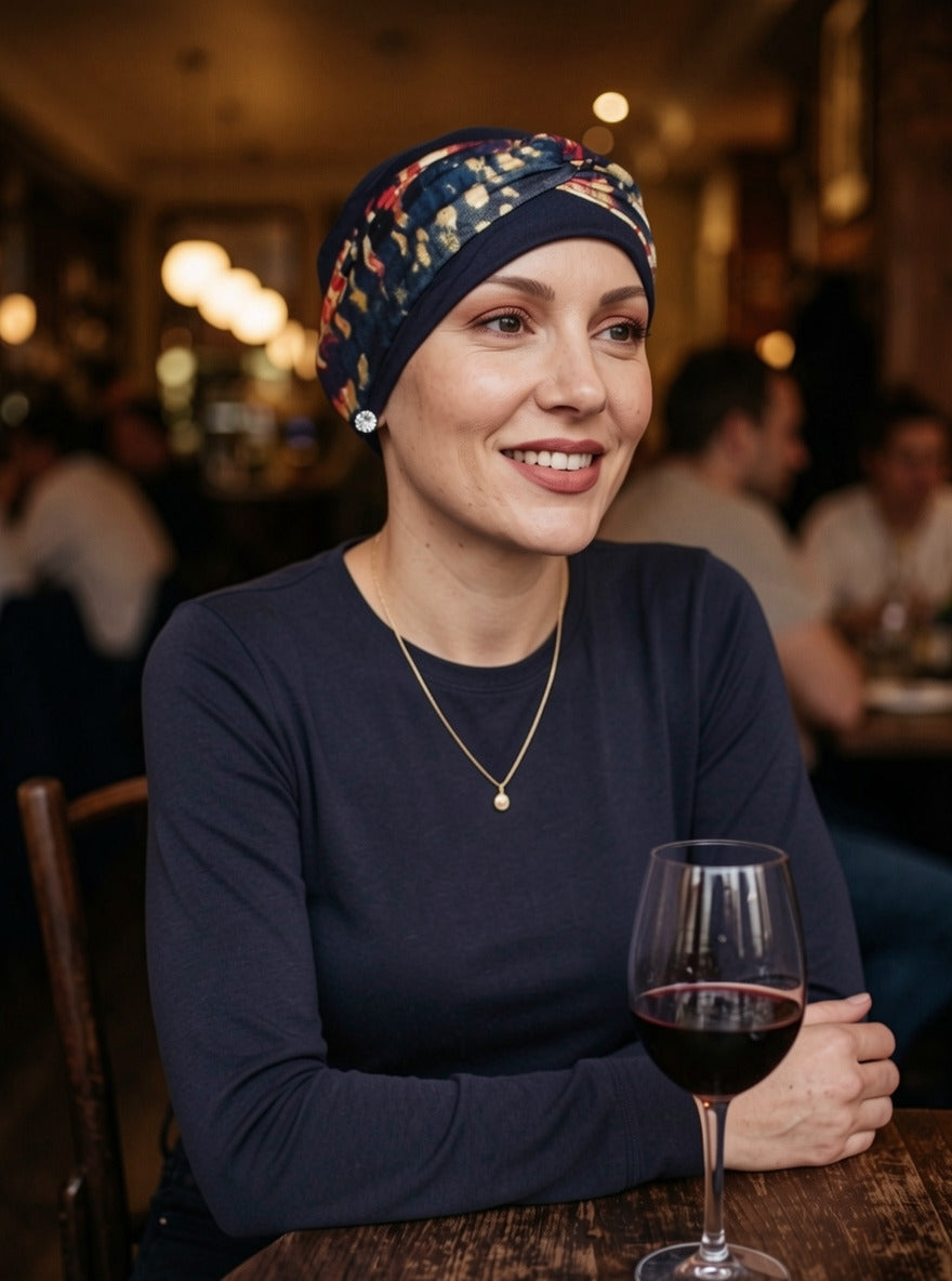 Soft chemo hat and twist headband - Tina navy red pebbles
