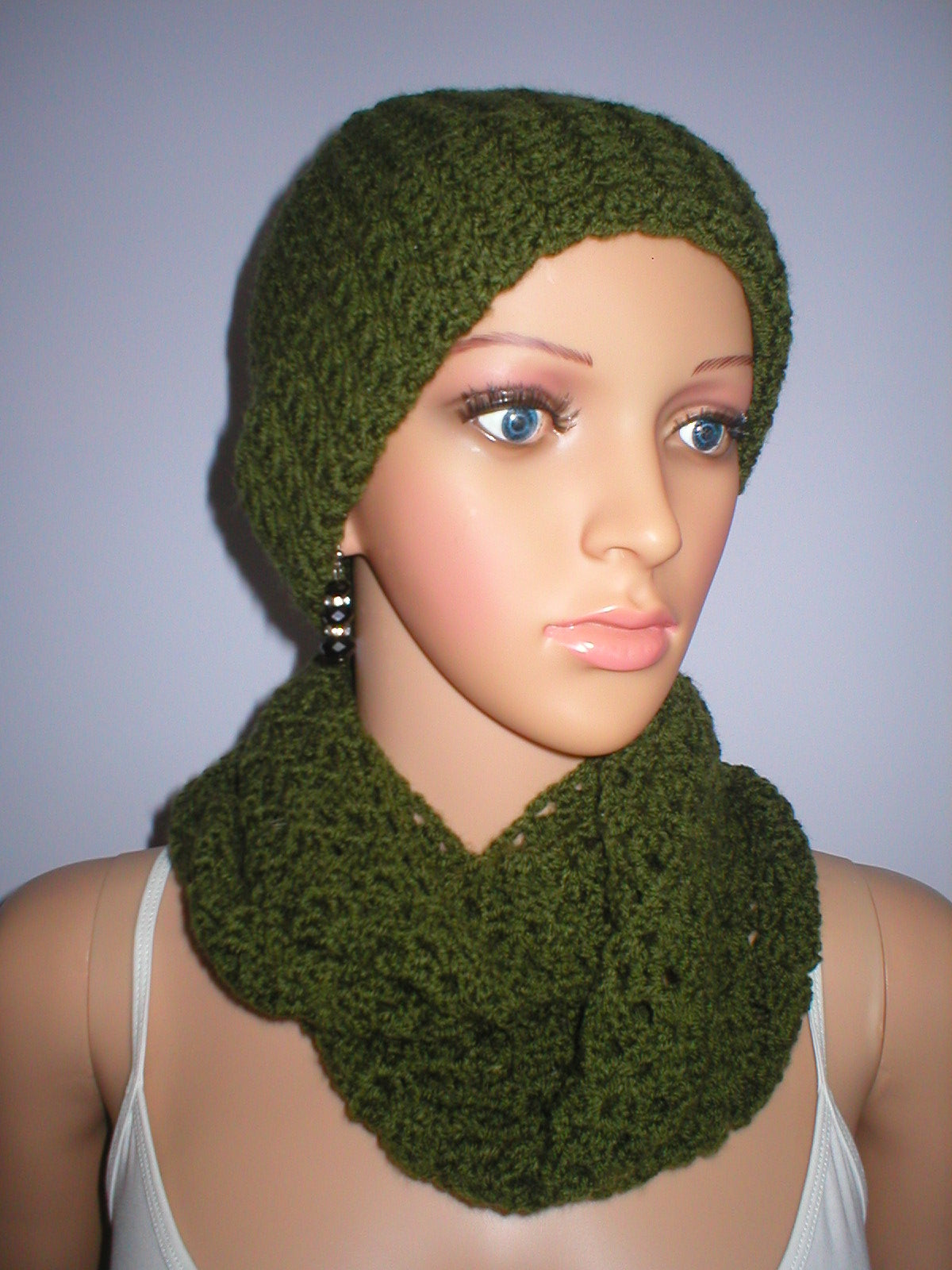 Supersoft hand crochet chunky beanie hat with turn up and infinity scarf - Olive