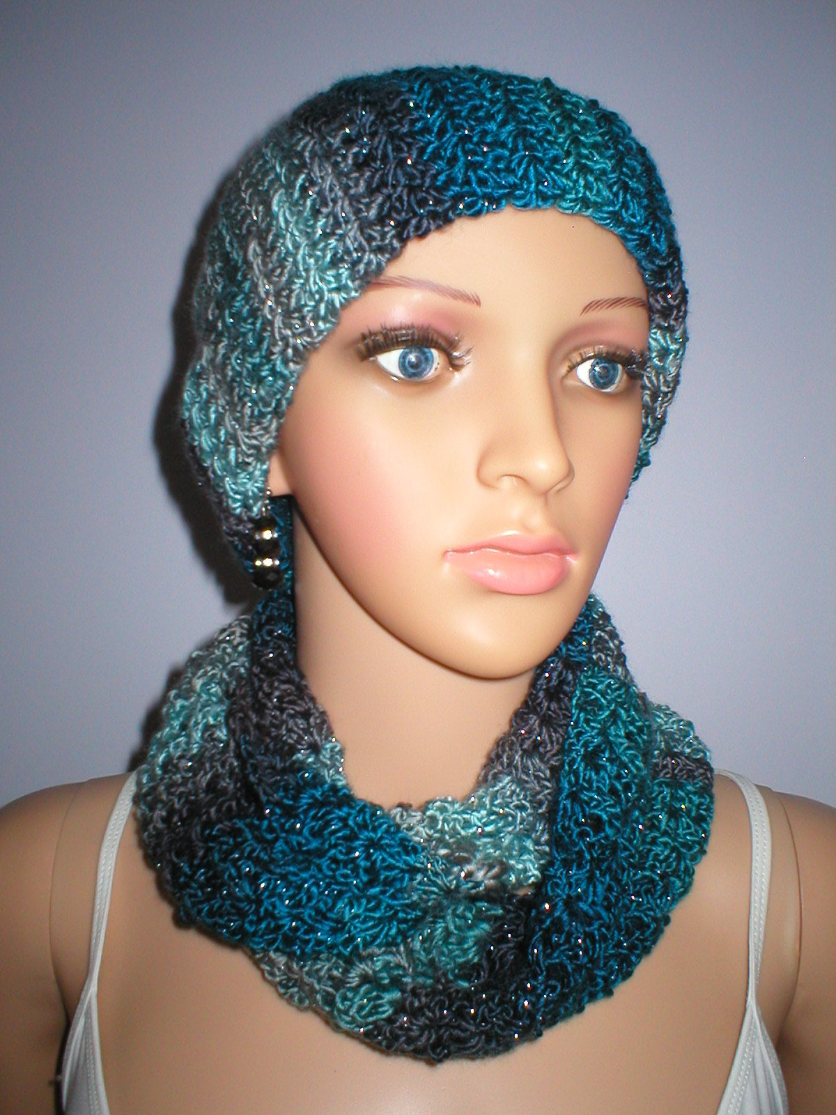 Soft hand crochet sparkle chemo beanie and infinity scarf - Gem