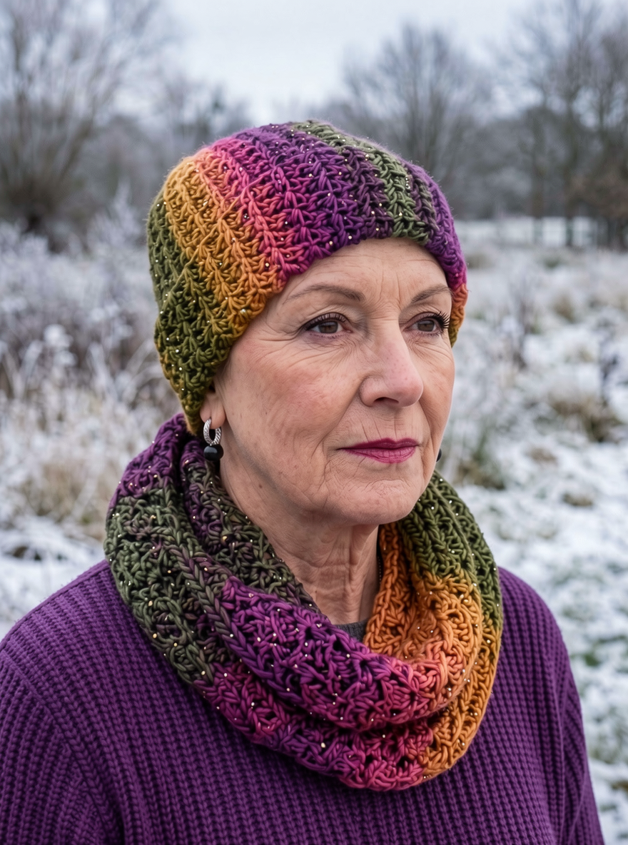 Supersoft hand crochet beanie hat with turn up and infinity scarf - Jewel
