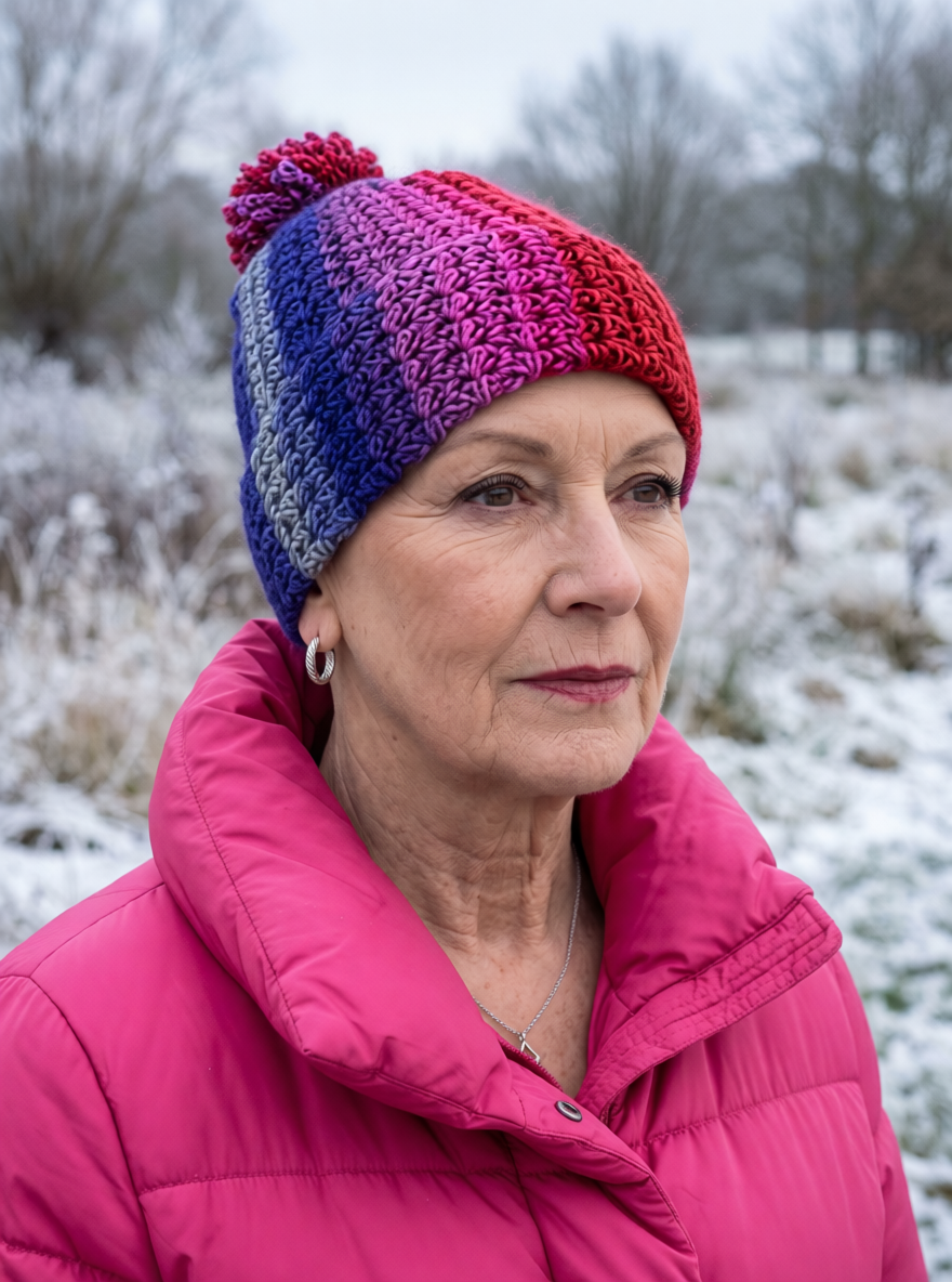 Soft hand crochet beanie with turn up and crochet pom pom - Cosmic