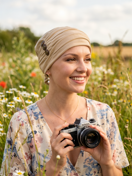 Soft chemo hat and removable tri button headband - Billie caramel