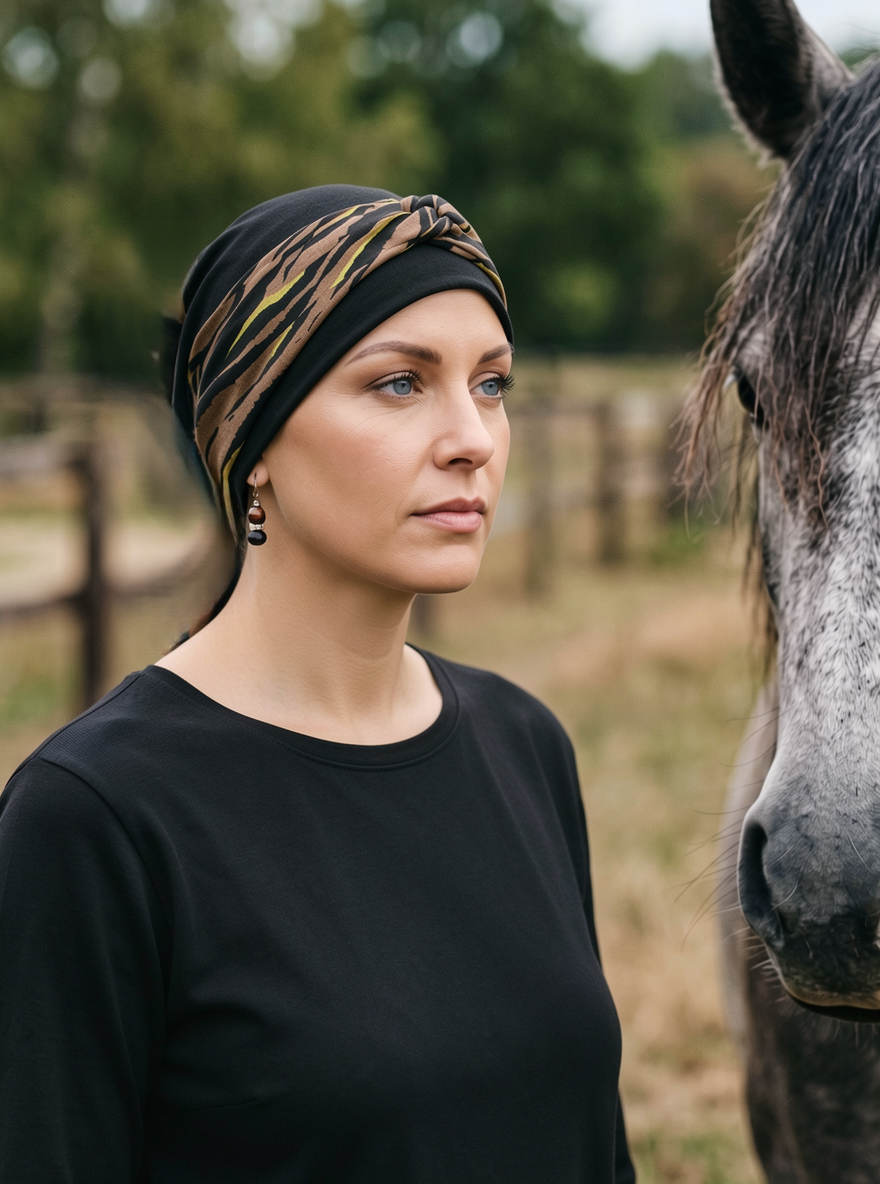 Soft jersey chemo hats and removable twist headband - Tina black camel gold tiger