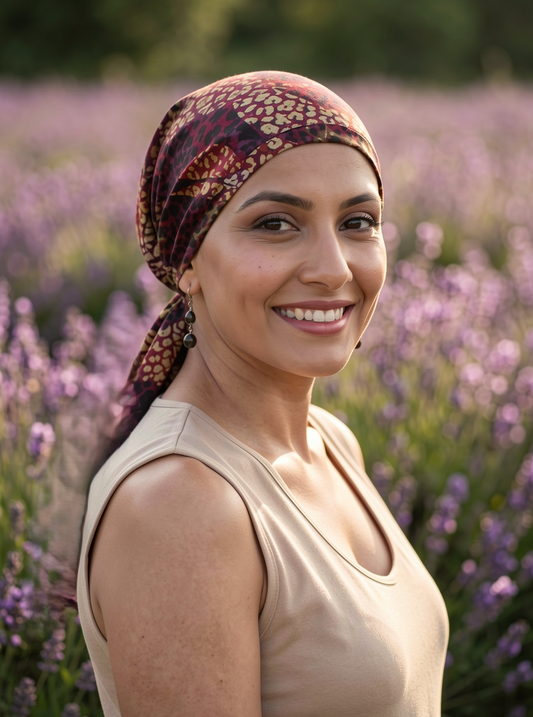 Soft lightweight jersey chemo bandana - pre tied chemo scarf - Pippa wine jungle