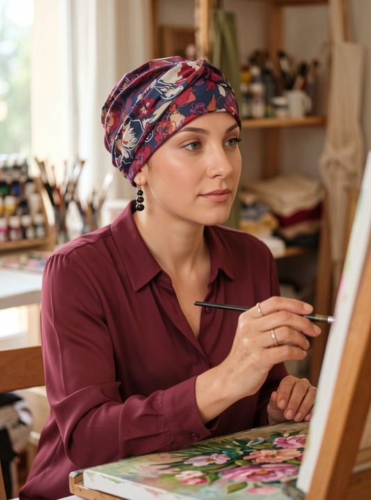 Soft jersey chemo hat and twist headband -  Kiera navy pansy