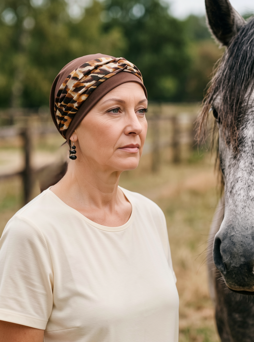 Womens chemo hat with removable twist headband - Tina brown camel leopard