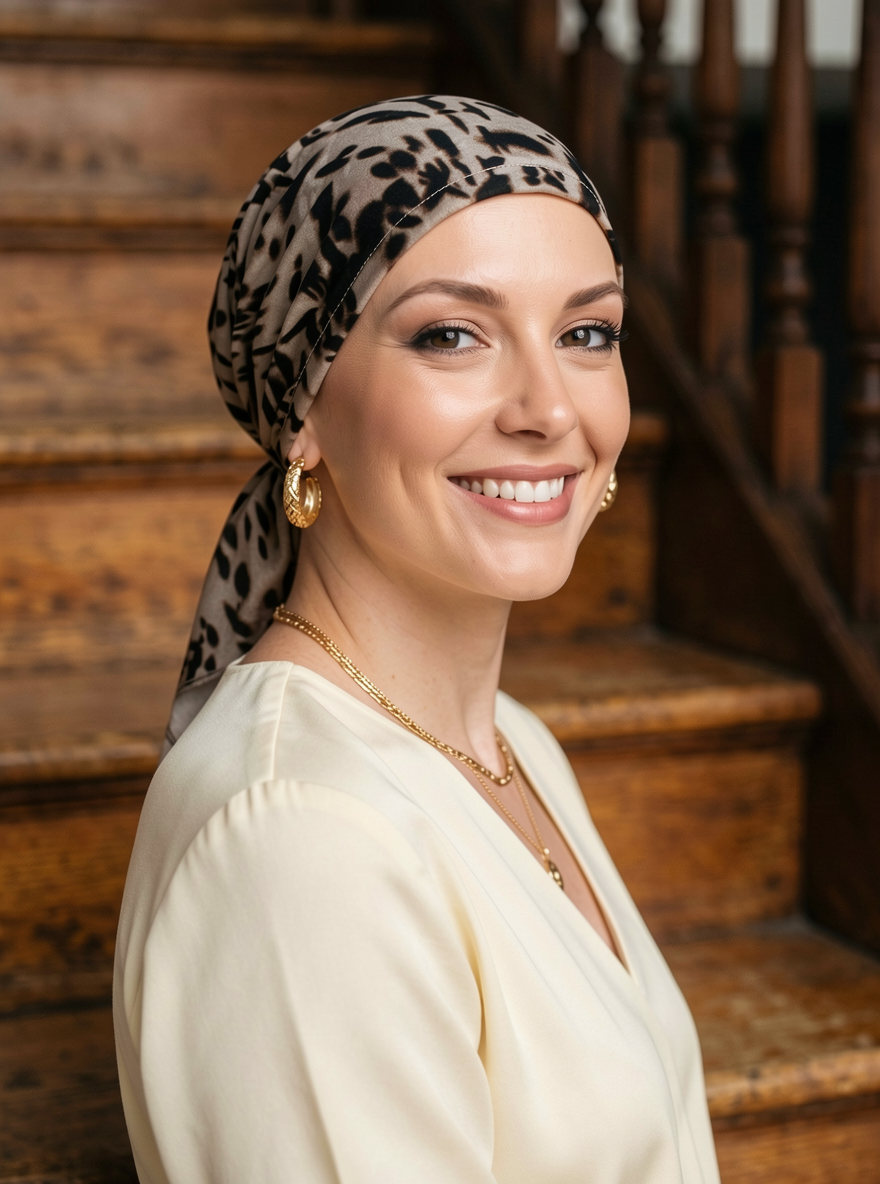 Soft lightweight jersey elasticated chemo bandana/ chemo scarf - Pippa cappuccino leopard