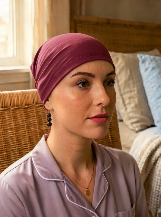 Soft lightweight comfortable chemo sleep hat/sleep cap - Chrissy wine