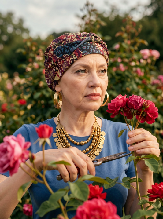 Soft jersey chemo hat and twist headband -  Kiera wine jungle
