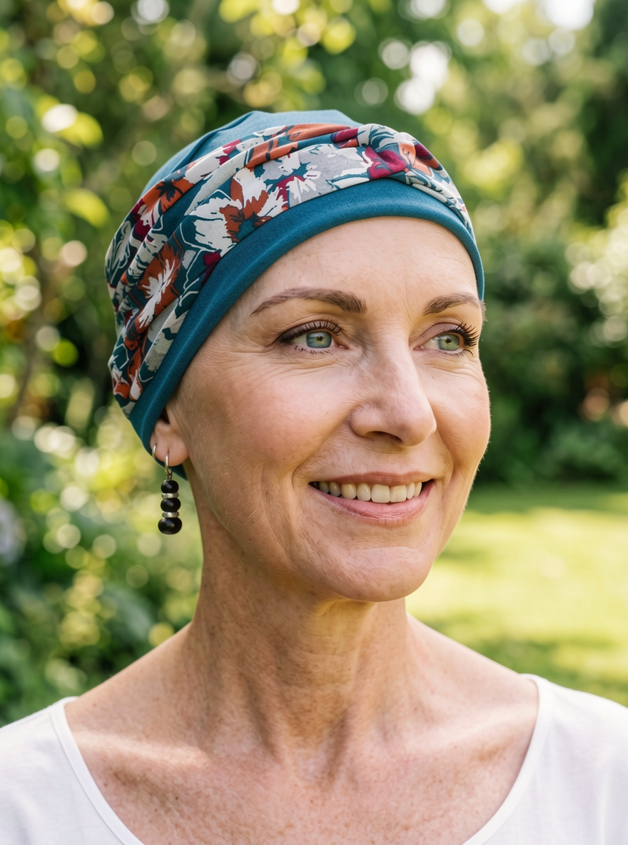 Soft comfy chemo hat with interchangable twist headband - Tina teal pansy
