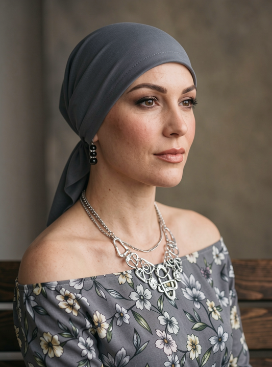 Soft lightweight jersey chemo bandana - pre tied chemo scarf - Kiki dark grey