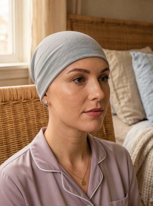 Soft lightweight comfortable chemo sleep hat/sleep cap - Chrissy Light grey marl