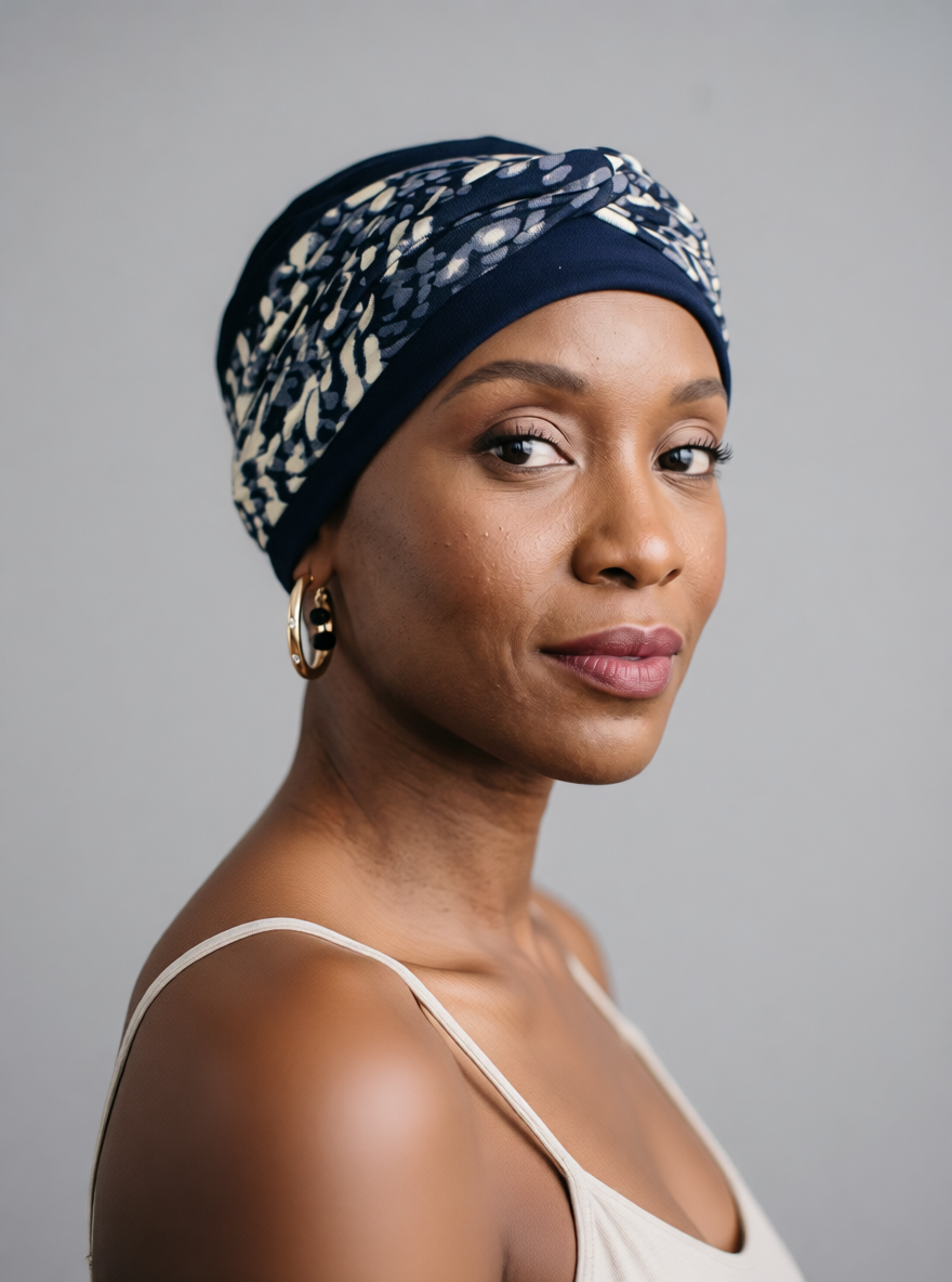 Soft comfy chemo hat and interchangable twist headband - Tina navy cream pebbles