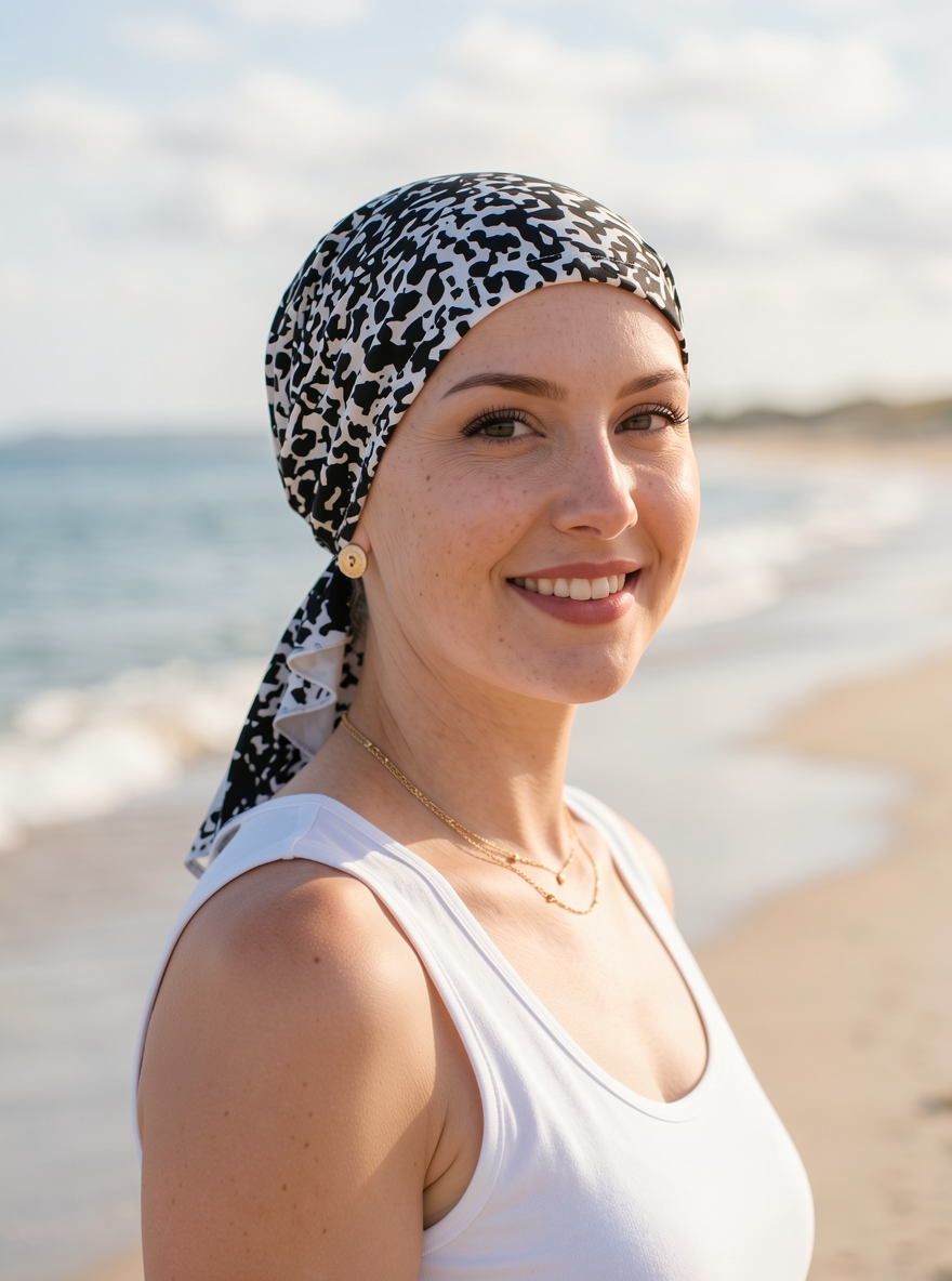 Soft lightweight jersey chemo bandana - Pre tied chemo scarf - Pippa black white cheetah