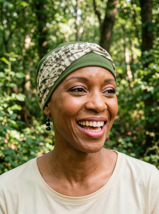 Lovely ladies chemo hat with removable twist headband - Tina khaki cream pebbles
