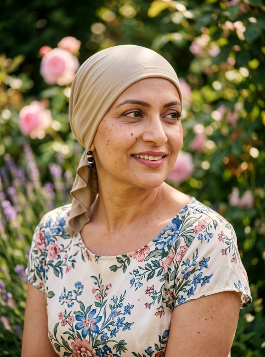 Soft lightweight jersey chemo bandana - pre tied chemo scarf - Kiki caramel