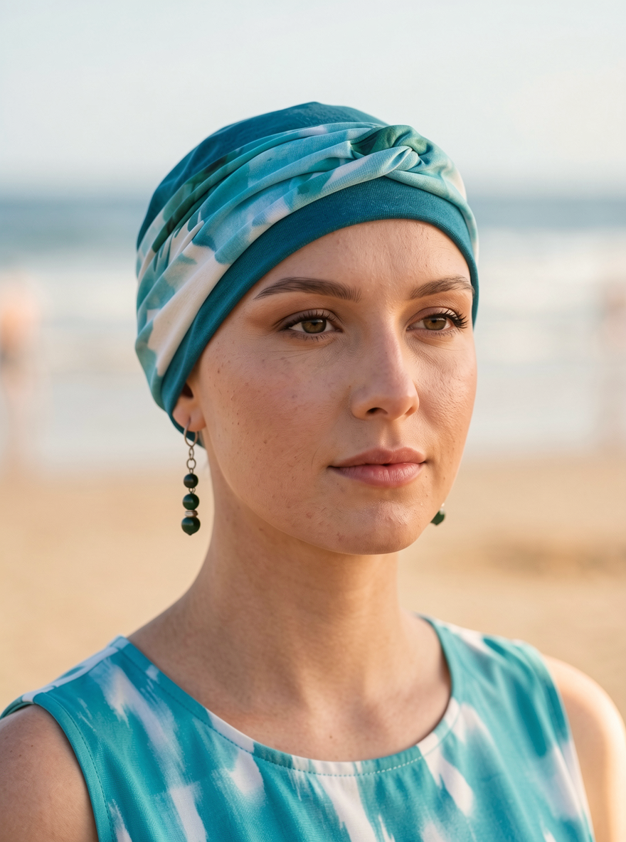 Soft ladies chemo hat with removable twist headband - Tina teal pastel floral