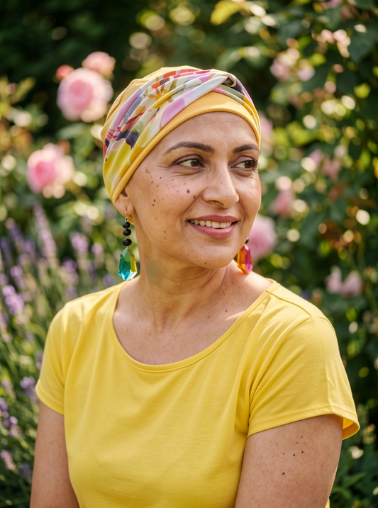 Pretty womens chemo hat with twist headband - Tina mustard bright floral