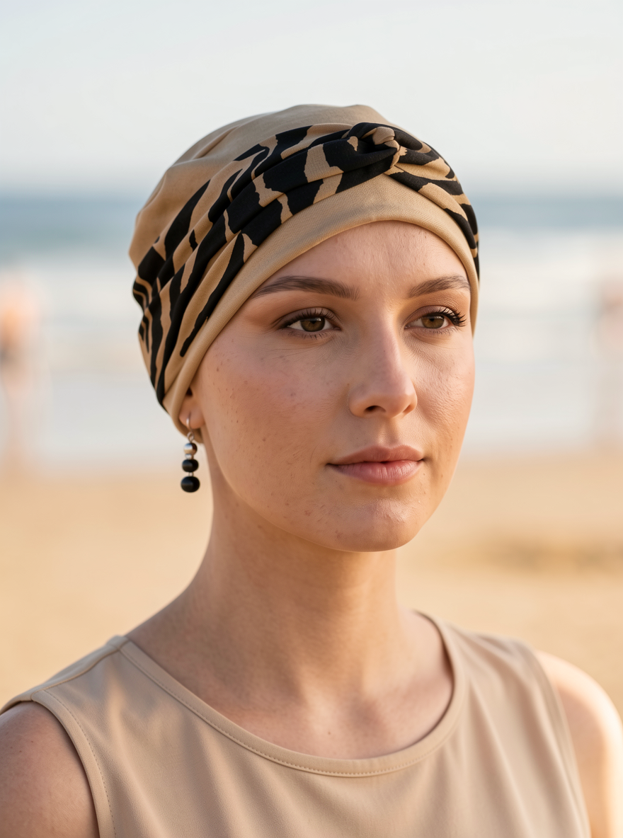 Soft jersey chemo hat and removable twist headband - Tina Caramel zebra