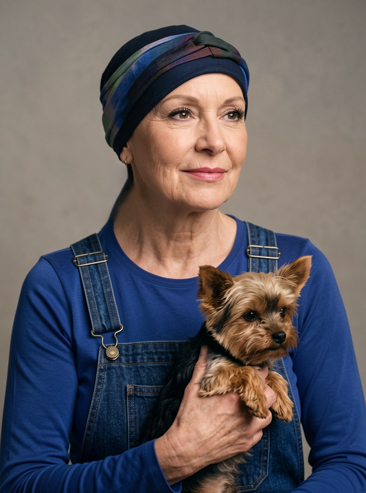 Soft womens chemo hat with interchangable twist headband - Tina navy blue haze