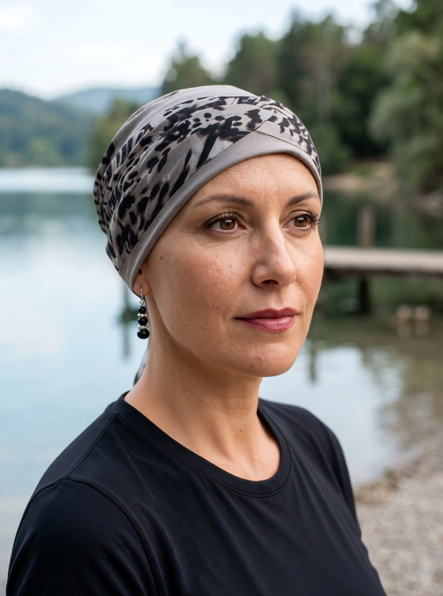 Soft comfy chemo hat with removable twist headband - Tina cappuccino mocha leopard