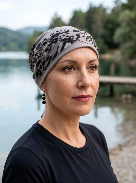 Soft comfy chemo hat with removable twist headband - Tina cappuccino mocha leopard