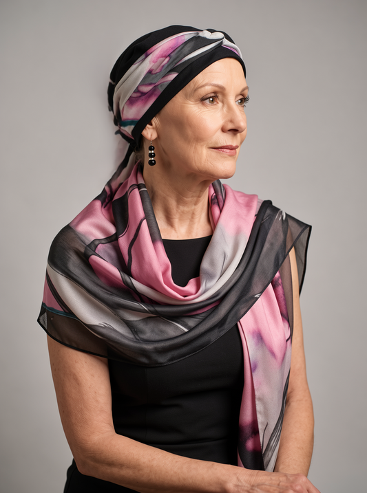 Comfy womens chemo hat with removable twist headband - Tina black pink grey haze