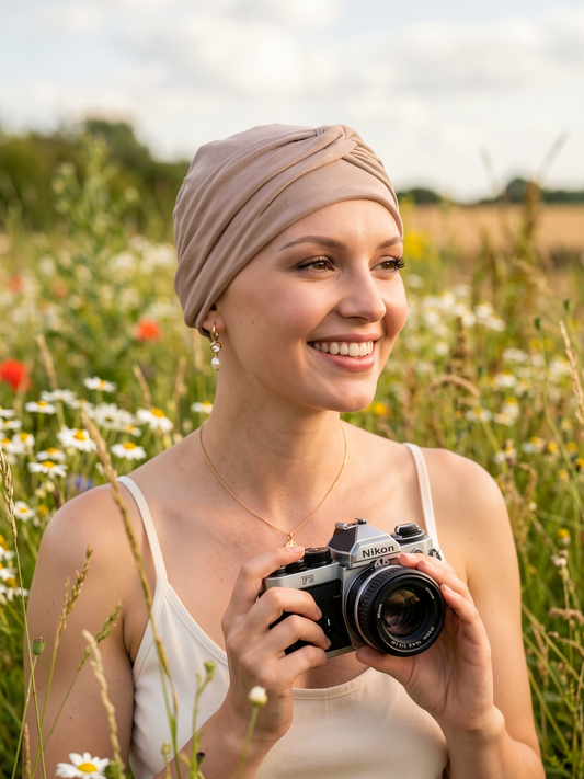 Soft jersey chemo hat for hair loss and removable twist headband - Suzie cappuccino